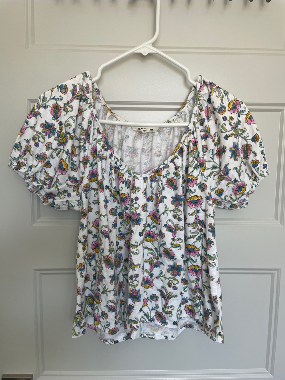 Boden White Puff-Sleeve Floral Peasant Top